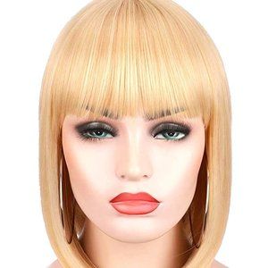 Kalyss 12'' Short Straight Bob Wigs with Hair Bangs for Women Heat Resistant